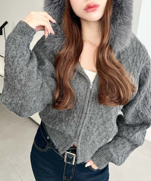 フードファージップアップケーブルニットカーディガン(ジップアップ