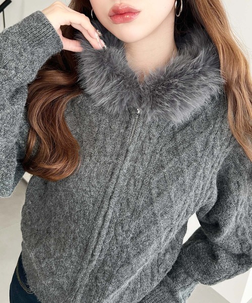 フードファージップアップケーブルニットカーディガン(ジップアップ