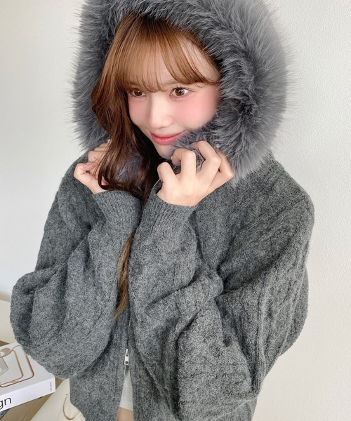 フードファージップアップケーブルニットカーディガン(ジップアップ