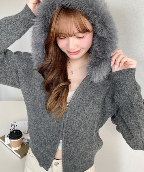 N♡プロフ必読◆リナシメント◆カシミヤ混ウール！グレー”パーカーニット フードファージップアップケーブルニットカーディガン(ジップアップ