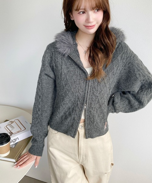 フードファージップアップケーブルニットカーディガン(ジップアップ