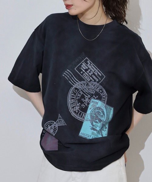 many men many mind(メニーメンメニーマインド)の「MANYMENMANYMINDS 古着風 半袖Tシャツ ピグメント スプレー加工 プリント 刺繍(Tシャツ/カットソー・メンズ・ブラック系1/アイボリー系1/アイボリー系/ブラック/ブラック系/アイボリー・L/XL/M)」の3枚目の写真