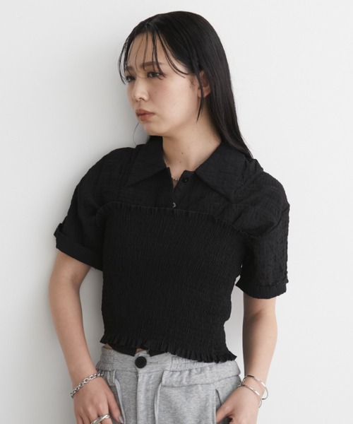 Aunt Marie's(アントマリーズ)の「サッカーチェックハーフスリーブシャツ【シャーリングキャミセット】(シャツ/ブラウス・レディース・ブラック/ライトイエロー/グレー・FREE)」の12枚目の写真