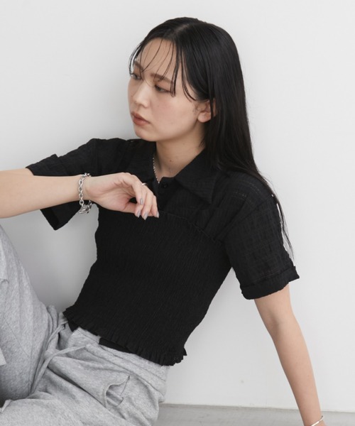 Aunt Marie's(アントマリーズ)の「サッカーチェックハーフスリーブシャツ【シャーリングキャミセット】(シャツ/ブラウス・レディース・ブラック/ライトイエロー/グレー・FREE)」の13枚目の写真