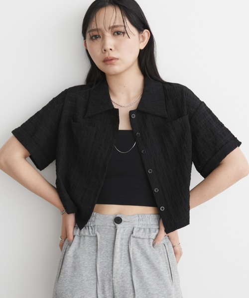 Aunt Marie's(アントマリーズ)の「サッカーチェックハーフスリーブシャツ【シャーリングキャミセット】(シャツ/ブラウス・レディース・ブラック/ライトイエロー/グレー・FREE)」の5枚目の写真