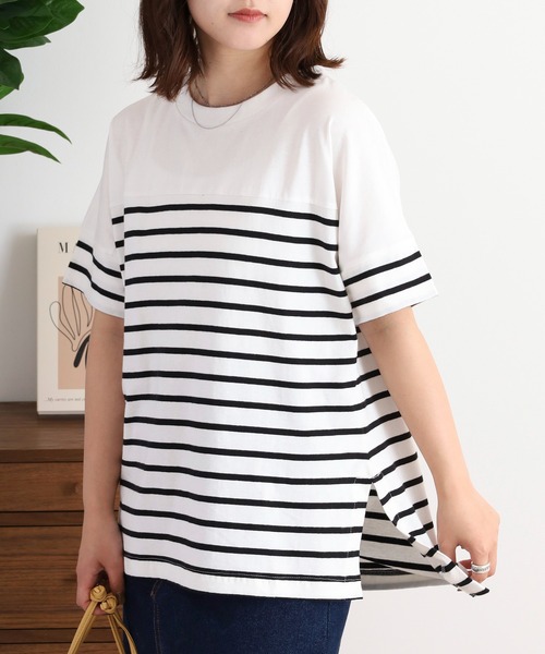atONE(アットワン)の「パネルボーダー風半袖トップス(Tシャツ/カットソー・レディース・ホワイト×ブラック/ブラック×ホワイト・LL~3L/4L~5L/M-L)」の2枚目の写真