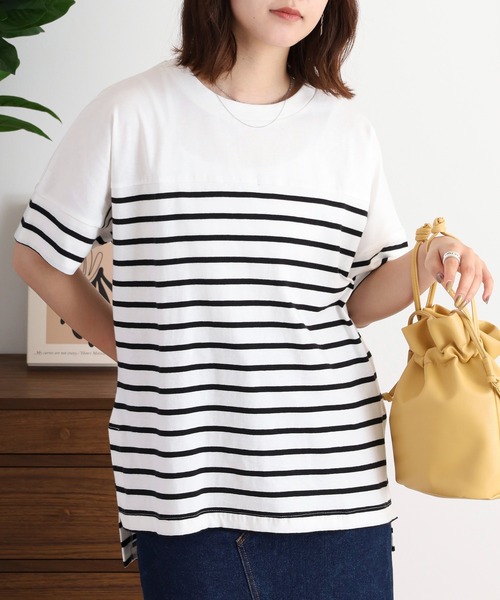 atONE(アットワン)の「パネルボーダー風半袖トップス(Tシャツ/カットソー・レディース・ホワイト×ブラック/ブラック×ホワイト・LL~3L/4L~5L/M-L)」の10枚目の写真