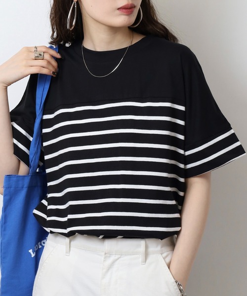 atONE(アットワン)の「パネルボーダー風半袖トップス(Tシャツ/カットソー・レディース・ホワイト×ブラック/ブラック×ホワイト・LL~3L/4L~5L/M-L)」の13枚目の写真