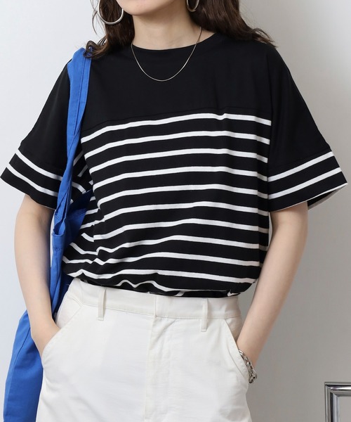 atONE(アットワン)の「パネルボーダー風半袖トップス(Tシャツ/カットソー・レディース・ホワイト×ブラック/ブラック×ホワイト・LL~3L/4L~5L/M-L)」の14枚目の写真