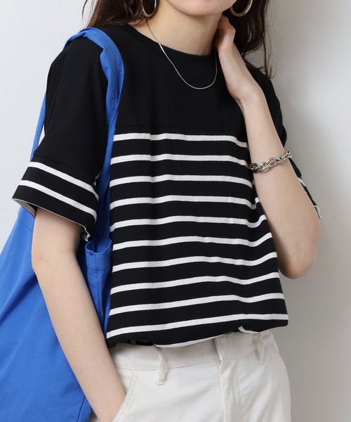 atONE(アットワン)の「パネルボーダー風半袖トップス(Tシャツ/カットソー・レディース・ホワイト×ブラック/ブラック×ホワイト・LL~3L/4L~5L/M-L)」の15枚目の写真