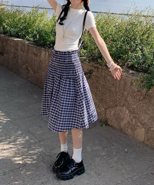MEMECLE（メメクル）の「【 MEMECLE / メメクル 】2way チェックミディスカート（スカート・レディース・ネイビー・SMALL/MEDIUM/LARGE）」の2枚目の写真