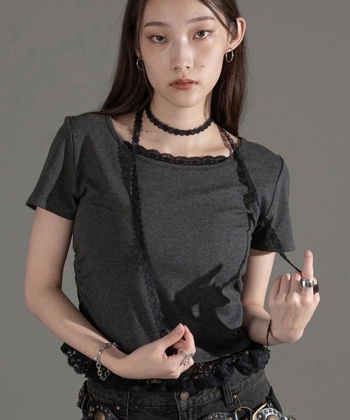 apres jour mignon(アプレジュールミニョン)の「レースタイ付きプルオーバー【ZOZOTOWN限定アイテム】(Tシャツ/カットソー・レディース・チャコールグレー/杢グレー/ブラック・フリー/X-LARGE)」の2枚目の写真