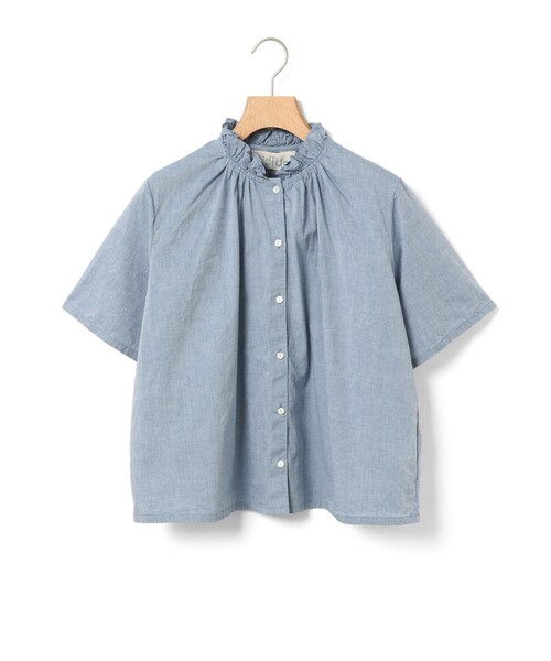 MidiUmi（ミディウミ）の「MidiUmi シャンブレーフリルシャツ（シャツ/ブラウス・レディース・ライトブルー/オフホワイト/ブラック/ブルー系その他3・FREE）」の4枚目の写真