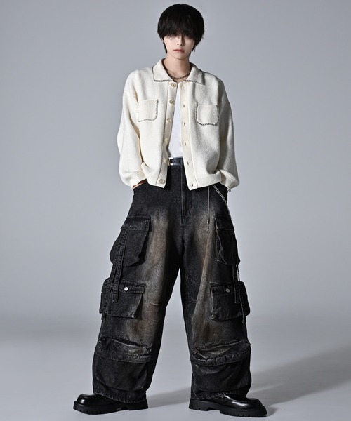 FUGA 変形カーディガン フェザーストラップ archive 00s v系 セール】fuwamochi chain Knit cardigan jk/ふわもちチェーンニット