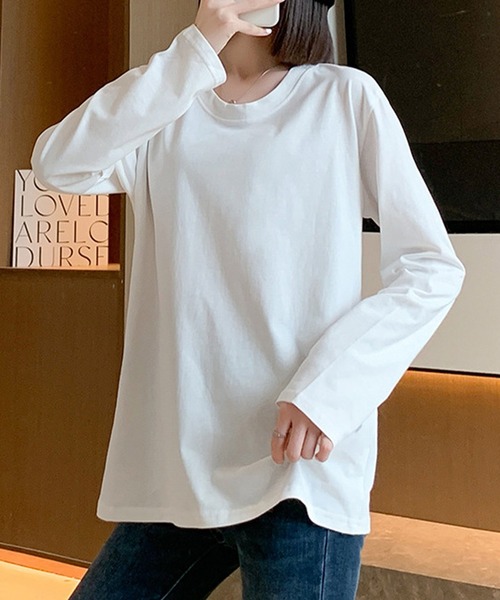 DAY CLOSET（デイ クローゼット）の「レディース 長袖ベーシックコットンロングTシャツ（Tシャツ/カットソー・レディース・ホワイト・L/M）」の3枚目の写真