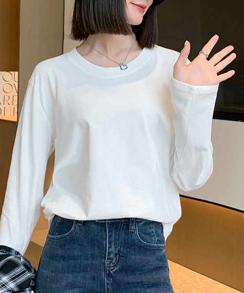 DAY CLOSET（デイ クローゼット）の「レディース 長袖ベーシックコットンロングTシャツ（Tシャツ/カットソー・レディース・ホワイト・L/M）」の4枚目の写真