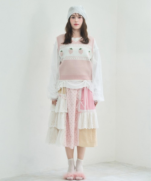 Lolime by mellfy memory(ロリミー バイ メルフィーメモリー)の「angel bunny frill patchwork skirt(スカート・レディース・グレー/ピンク・LL/M)」の6枚目の写真