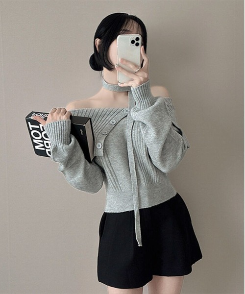 Mejoul（メジュール）の「【2025秋冬新作】【チョーカーマフラー付】2WAYワンショルニットトップス（ニット/セーター・レディース・グレー/アイボリー/ブラウン/ブラック・F）」の7枚目の写真