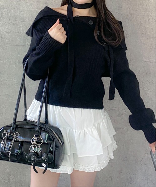 Mejoul（メジュール）の「【2025秋冬新作】【チョーカーマフラー付】2WAYワンショルニットトップス（ニット/セーター・レディース・グレー/アイボリー/ブラウン/ブラック・F）」の11枚目の写真