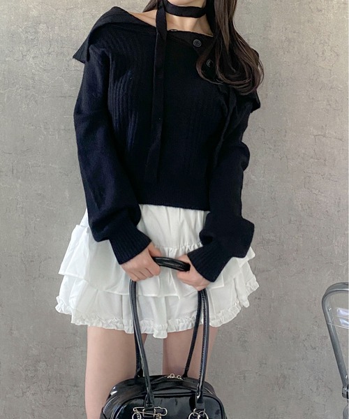 Mejoul（メジュール）の「【2025秋冬新作】【チョーカーマフラー付】2WAYワンショルニットトップス（ニット/セーター・レディース・グレー/アイボリー/ブラウン/ブラック・F）」の12枚目の写真