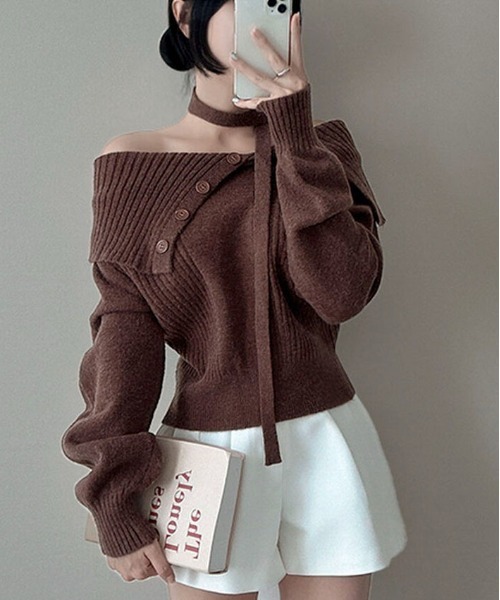 Mejoul（メジュール）の「【2025秋冬新作】【チョーカーマフラー付】2WAYワンショルニットトップス（ニット/セーター・レディース・グレー/アイボリー/ブラウン/ブラック・F）」の15枚目の写真