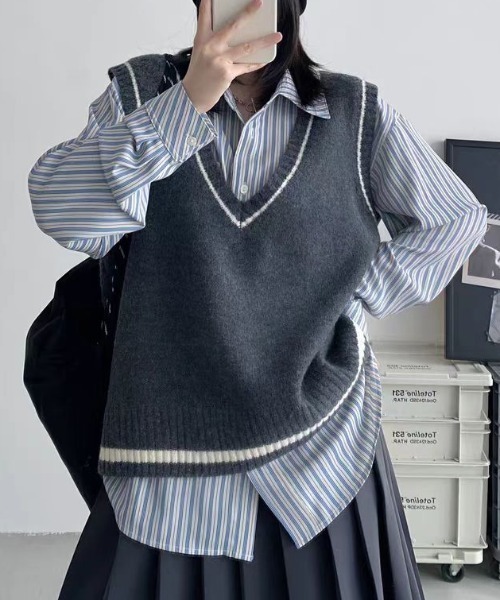 セール】【秋冬新作】Vネックライン配色ニットベスト（ベスト