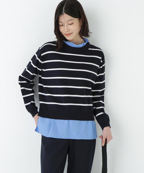 human woman（ヒューマンウーマン）の「◆シャツ地ドッキングプルオーバー（ニット/セーター・レディース・グレー/ダークインディゴブルー・MEDIUM）」の11枚目の写真