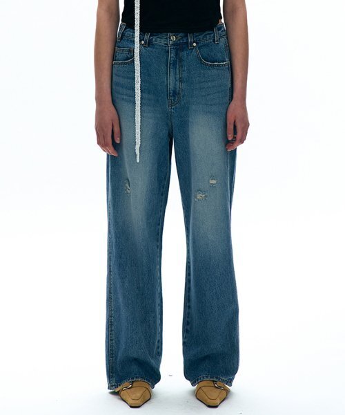 PARTIMENTO WOMEN(パルティメントウィメン)の「ディストレスドローライズジン_ミッドブルー(デニムパンツ・レディース・ブルー・MEDIUM)」の1枚目の写真