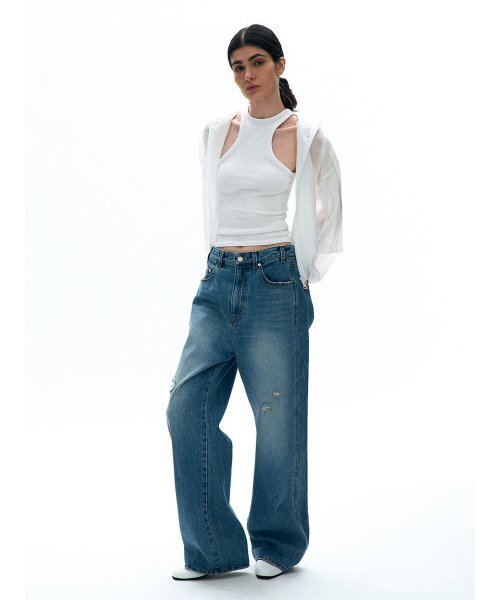 PARTIMENTO WOMEN(パルティメントウィメン)の「ディストレスドローライズジン_ミッドブルー(デニムパンツ・レディース・ブルー・MEDIUM)」の13枚目の写真