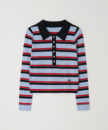 STRIPE HENRYNECK COLLAR SLIM LONG SLEEVE KNIT BLUE RED