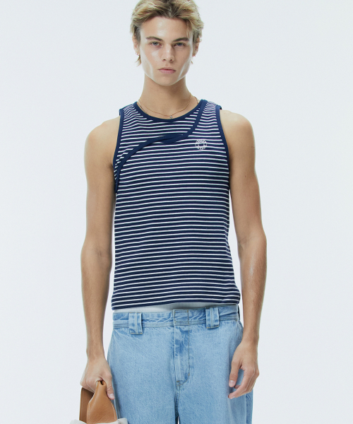NOHANT(ノアン)の「CROSS SLEEVELESS STRIPE-NAVY(Tシャツ/カットソー・メンズ・その他・MEDIUM/X-SMALL/LARGE/SMALL)」の1枚目の写真