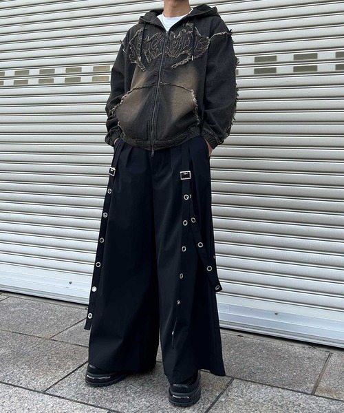 NYLAUS(ナイラス)の「【NYS】EYELET アイレットサスペンダー付き スカンツ スカートパンツ ワイド袴パンツ レディース メンズ(スラックス・メンズ・ブラック・M/L)」の13枚目の写真