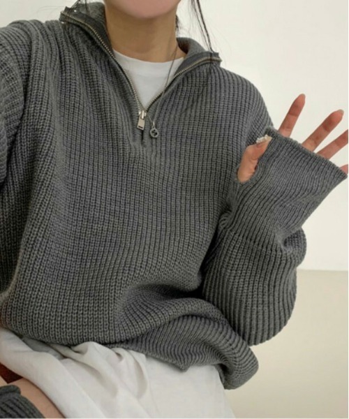 AMELY(エミリー)の「ハーフジップ オーバーサイズニットトップス(ニット/セーター・レディース・ブラック/ベージュ/グレー・フリー)」の8枚目の写真