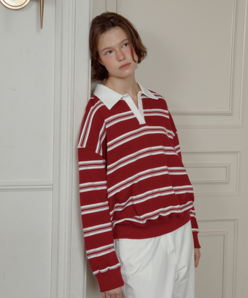 ANOETIC（アノエティック）の「ANC HOPE STRIPE RUGBY SWEATSHIRTS_RED（ポロシャツ・レディース・レッド・FREE）」の3枚目の写真