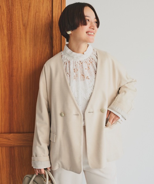 PUAL CE CIN（ピュアルセシン）の「ラペルレス ジャケット（ノーカラージャケット・レディース・ベージュ/ネイビー・FREE）」の2枚目の写真