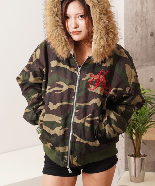 フードファー クロップド 迷彩 ジャケット / Hooded Cropped Camo