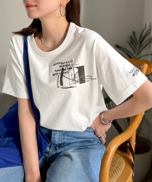 classicalelf(クラシカルエルフ)の「ラフでも品格、シンプルでも存在感。オーガニックコットン 綿100% グラフィック飛び刺繍フォトTシャツ(半袖)(Tシャツ/カットソー・レディース・オフホワイト/杢グレー/チャコール/その他1・X-LARGE/SMALL/MEDIUM/LARGE)」の16枚目の写真