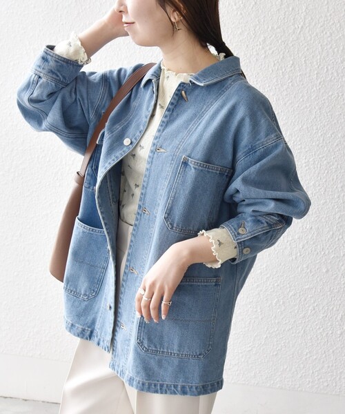 SHIPS any（シップス エニィ）の「SHIPS any:〈洗濯機可能〉ルーズ デニム カバーオール ジャケット［SHIPS any DENIM］（デニムジャケット・レディース・ブルー/ライトブルー・ONE SIZE）」の9枚目の写真