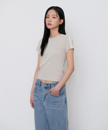 ウィメンズスリムレーストラックTシャツ[ライトウォームグレー/アイボリー]