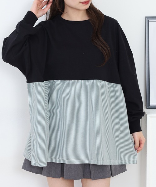 Arinomama(アリノママ)の「Arinomama ストライプドッキングトップス 長袖Tシャツ(Tシャツ/カットソー・レディース・アイボリー/ブラック/ライトブルー/ライトグリーン・FREE)」の2枚目の写真