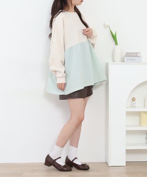 Arinomama(アリノママ)の「Arinomama ストライプドッキングトップス 長袖Tシャツ(Tシャツ/カットソー・レディース・アイボリー/ブラック/ライトブルー/ライトグリーン・FREE)」の10枚目の写真