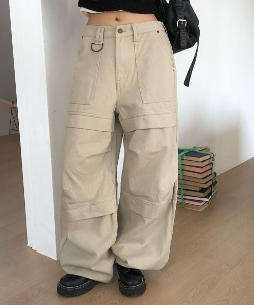 Dカン付き裾ボタンコットンワイドパンツ