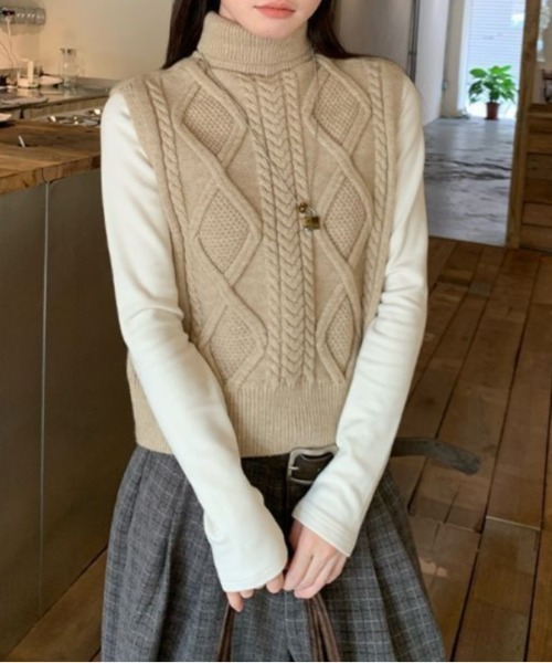 Vipoa(ヴィポア)の「タートルネックツイストセーターベスト(ベスト・レディース・グレー/ベージュ・FREE)」の1枚目の写真