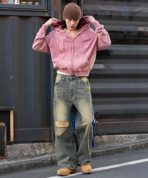 WEGO（ウィゴー）の「WEGO/【26年春夏新作】ブリーチニットグラフィックZIPパーカー（パーカー・メンズ・ピンク/ブラック系その他・MEDIUM/LARGE）」の4枚目の写真