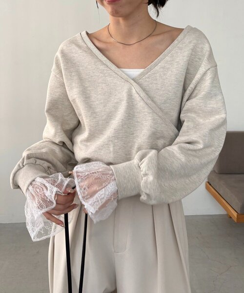 CAPRICIEUX LE'MAGE（カプリシューレマージュ）の「【前後2WAY】カシュクール袖レーススウェット（Tシャツ/カットソー・レディース・ホワイト/ベージュ/グレー・FREE）」の3枚目の写真
