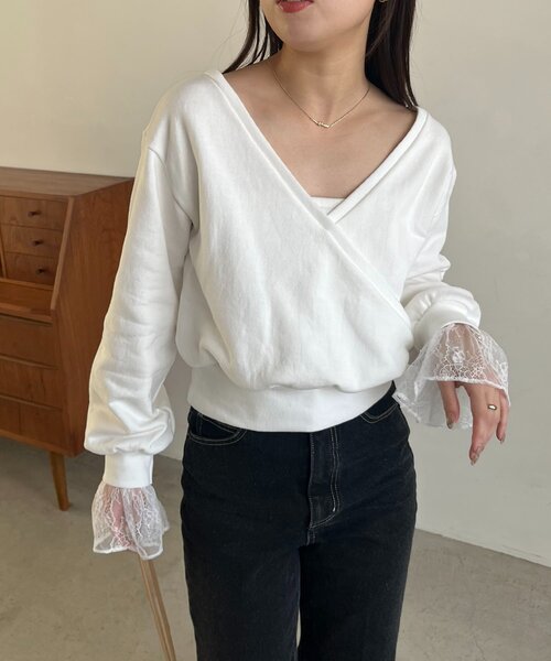セール】【前後2WAY】カシュクール袖レーススウェット（Tシャツ