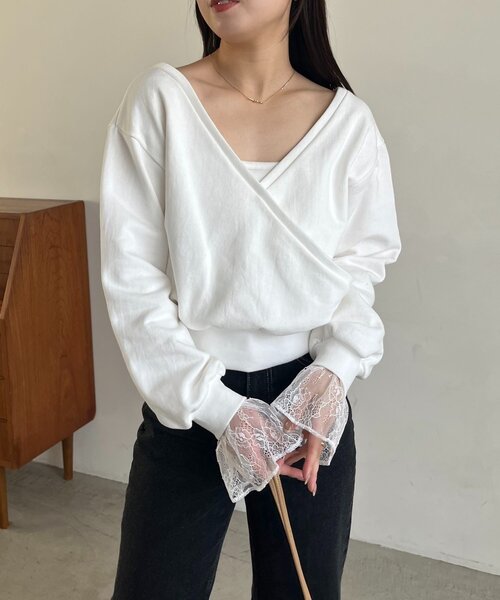 セール】【前後2WAY】カシュクール袖レーススウェット（Tシャツ