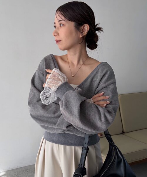 CAPRICIEUX LE'MAGE（カプリシューレマージュ）の「【前後2WAY】カシュクール袖レーススウェット（Tシャツ/カットソー・レディース・ホワイト/ベージュ/グレー・FREE）」の8枚目の写真