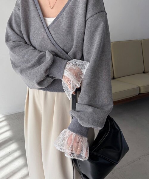 CAPRICIEUX LE'MAGE（カプリシューレマージュ）の「【前後2WAY】カシュクール袖レーススウェット（Tシャツ/カットソー・レディース・ホワイト/ベージュ/グレー・FREE）」の9枚目の写真