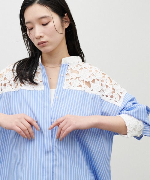 LARUTA(ラルータ)の「【LARUTA】刺繍レース切替シャツ(シャツ/ブラウス・レディース・オフホワイト/ストライプ/ネイビー/ダークブラウン・FREE)」の17枚目の写真